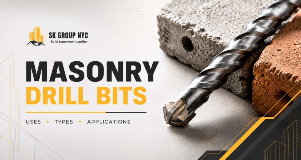 Masonry drill bit with carbide tip beside concrete and brick