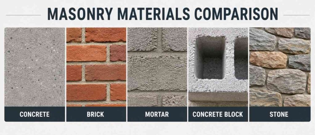Concrete, brick, mortar, concrete block and stone used with masonry drill bits