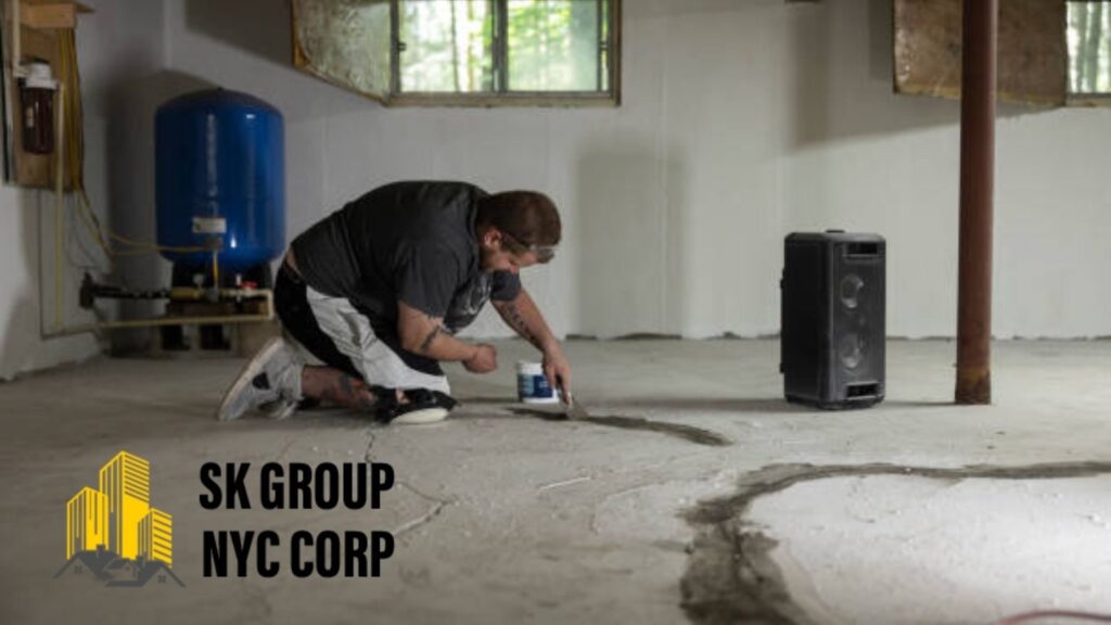 Worker sealing basement floor cracks as part of waterproofing inside basement for NYC home by SK Group NYC Corp