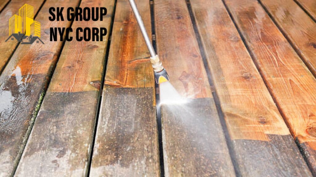 deck cleaning near me with pressure washer restoring wooden surface
