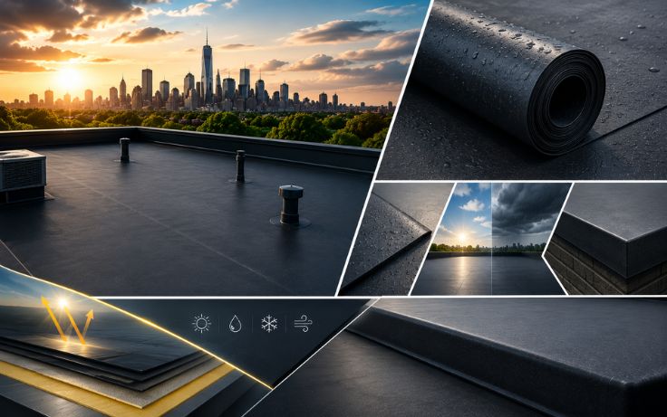 EPDM rubber roofing membrane installation on NYC flat roof