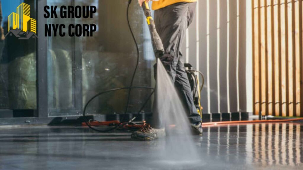 Cleaning concrete patio with power washing for a spotless outdoor surface