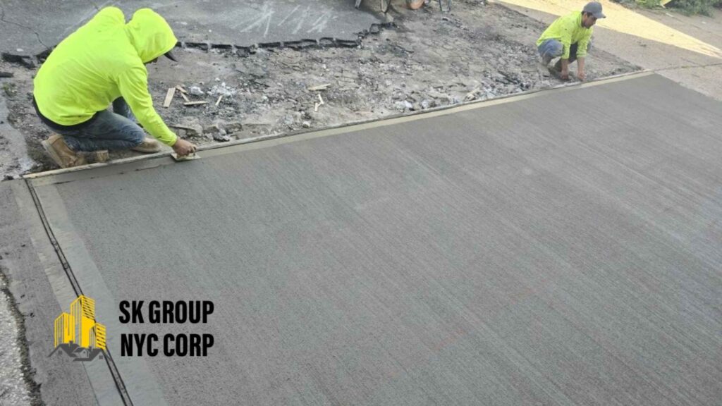 Workers performing concrete paving on a driveway in New York City for a smooth and durable surface finish.