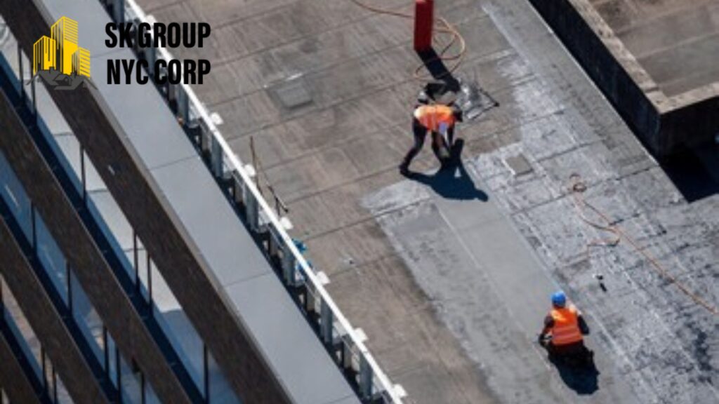 Flat roof repair in NYC by SK Group NYC Corp professional contractors.