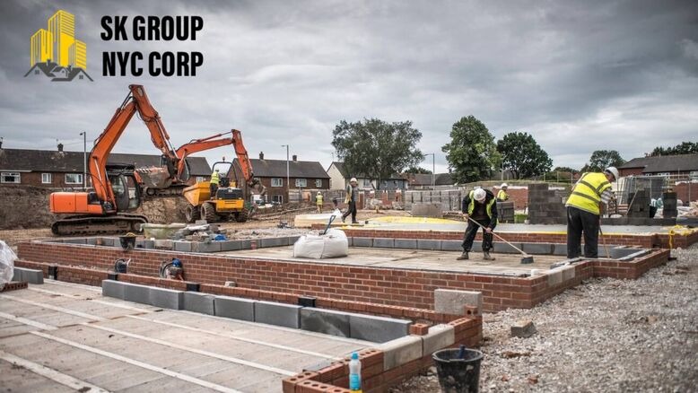 Workers from top construction companies building a residential foundation in New York City SK Group NYC Corp