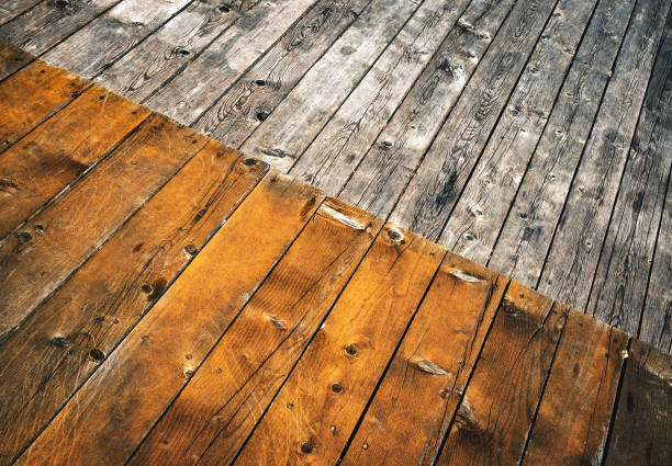 Before and after view of a wooden deck, showing transformation from weathered gray wood to freshly restored warm-toned boards.