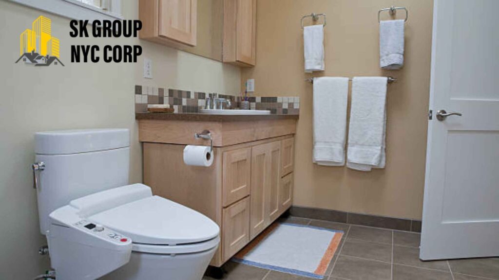 Modern bathroom addition with wood vanity and tiled floor – SK Group NYC Corp, experts in bathroom addition cost NYC.