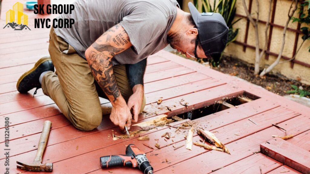 Worker performing deck replacement, removing a damaged plank from a wooden deck.