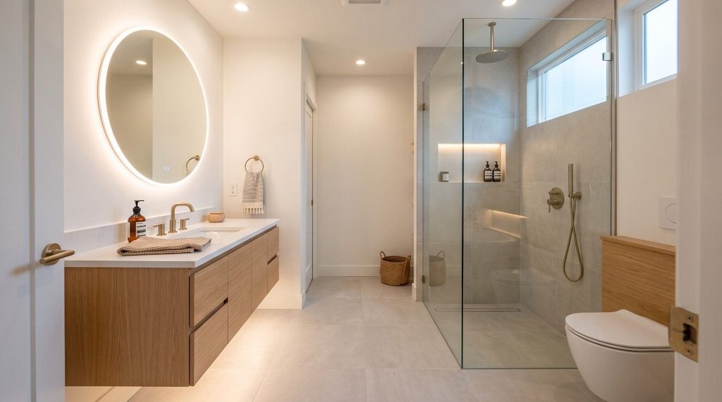 Modern bathroom remodel ideas showing a space-saving floating wood vanity, large porcelain floor tiles, and a curbless frameless glass shower.