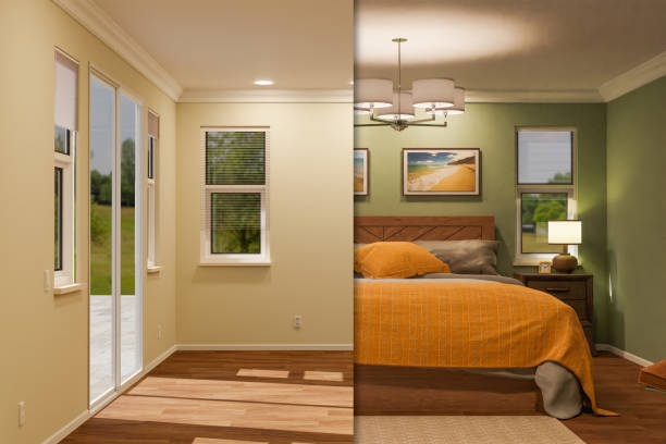 before and after bedroom remodeling with modern design, warm lighting, and cozy décor