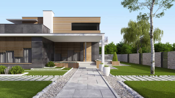 modern front yard with stone tile walkway and minimalist landscaping
