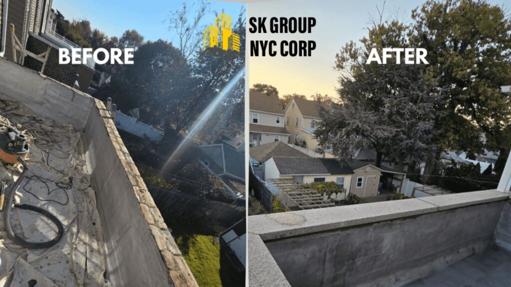 Before and after granite stone balcony installation in NYC