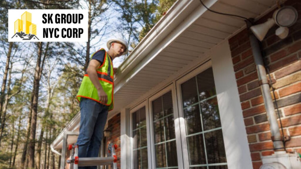 Professional contractor inspecting home gutters for clogs and damage – SK Group NYC Corp gutter inspection services.