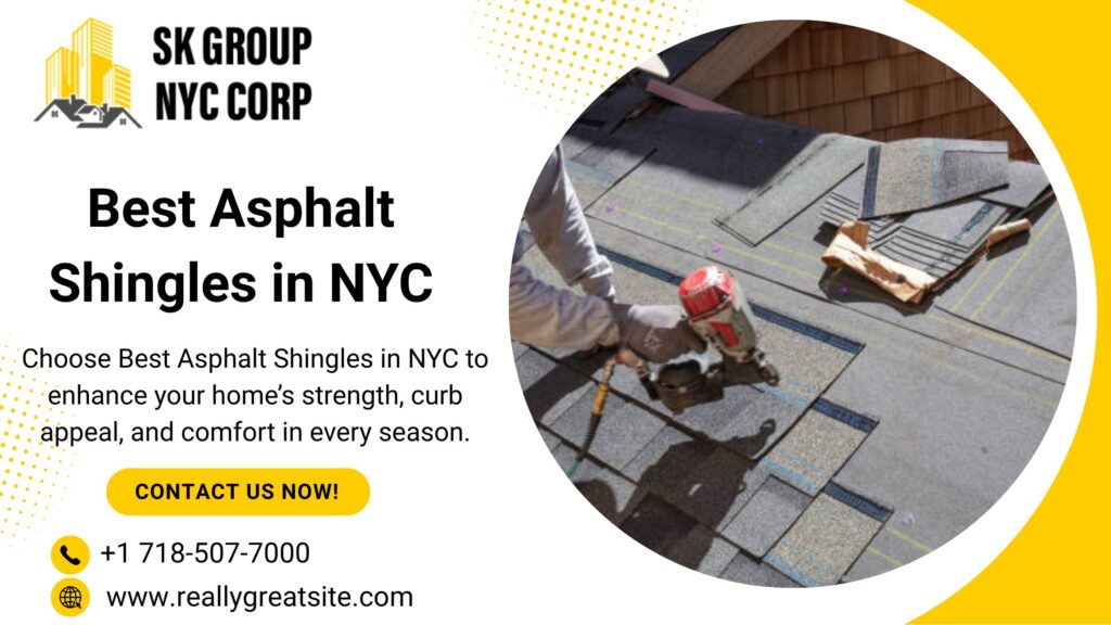 a roofing worker installing asphalt shingles on a roof with tools, promoting best asphalt shingles services in nyc by sk group nyc corp