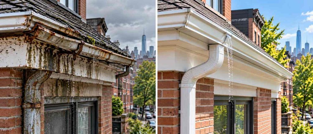 Gutter repair NYC before and after showing damaged and restored gutters