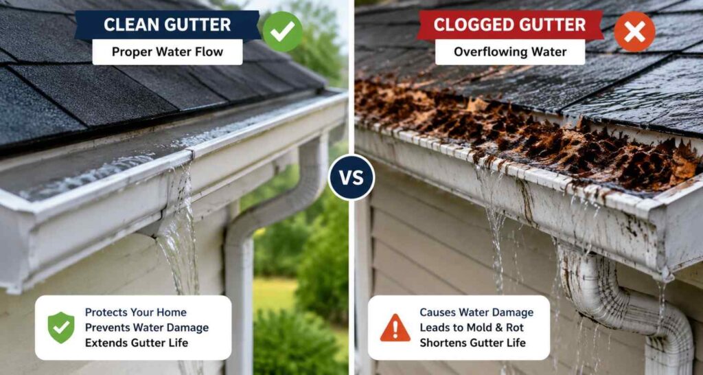 Clean gutter vs clogged gutter showing proper water flow and water damage risks