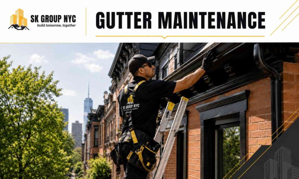 Professional gutter maintenance inspection on a NYC home