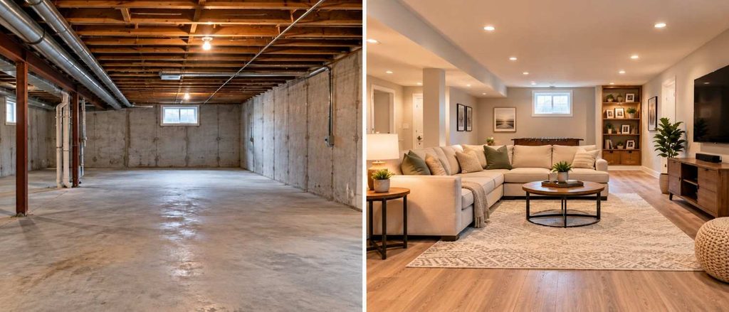 Before and after basement finishing project showing complete renovation