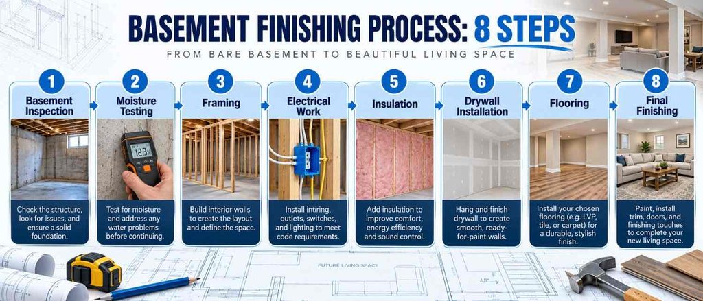 8-step basement finishing process from inspection to final renovation