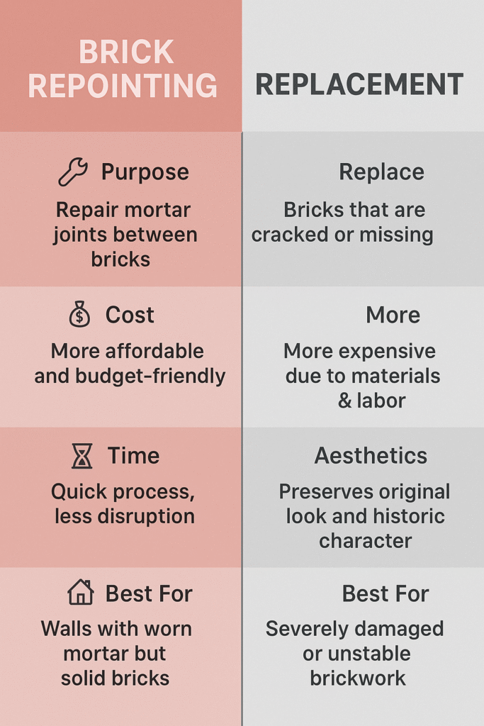Side-by-side graphic comparing brick repointing vs. replacement in NYC cost, time, purpose, and visual impact for homeowners.