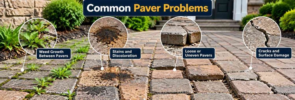 Weeds and deteriorated joints between outdoor walkway pavers.
