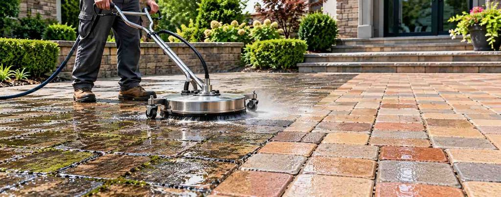 Contractor cleaning an outdoor paver patio using professional surface-cleaning equipment.