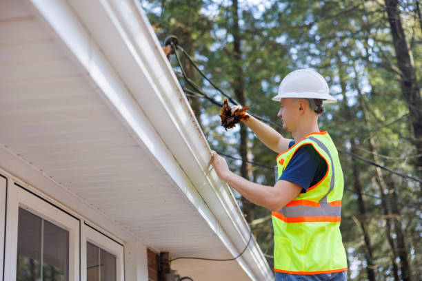 Contractor in safety vest cleaning roof gutters, highlighting seasonal roof maintenance practices in NYC homes.