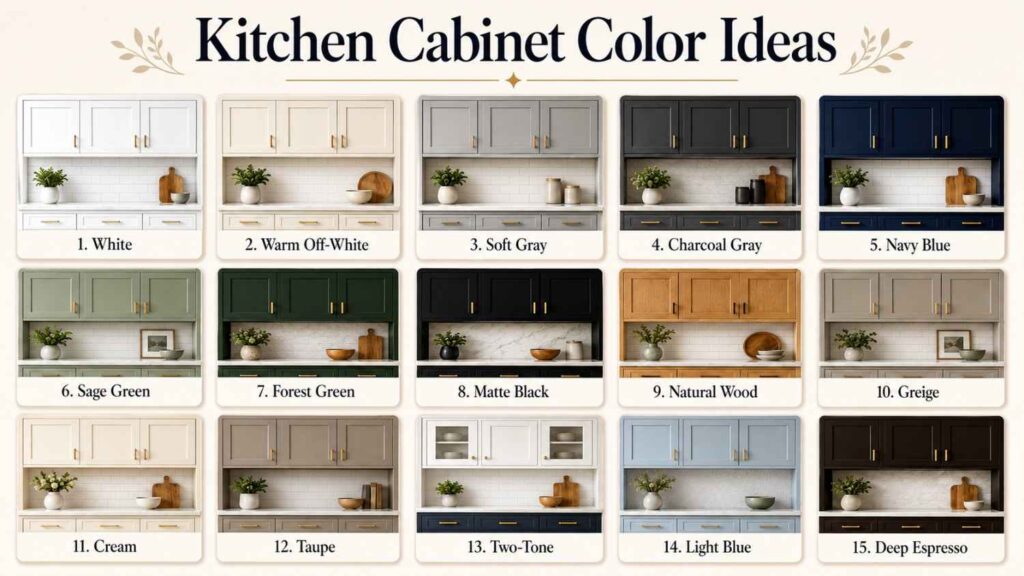 Kitchen cabinet color ideas chart showing white, off-white, gray, navy blue, green, black, natural wood, greige, cream, taupe, two-tone, light blue, and espresso cabinet colors.