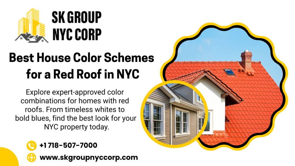 Red roof house with modern siding design, promoting NYC home color ideas by SK Group NYC Corp.