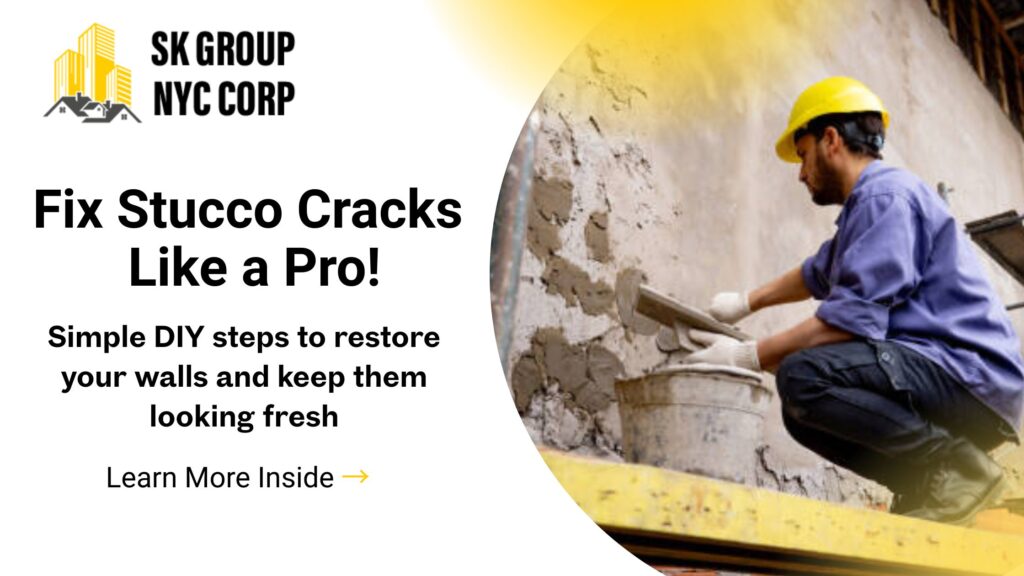 SKGroupNYCCorp worker repairing stucco cracks with a trowel, showing easy DIY tips to restore walls and keep them looking fresh.
