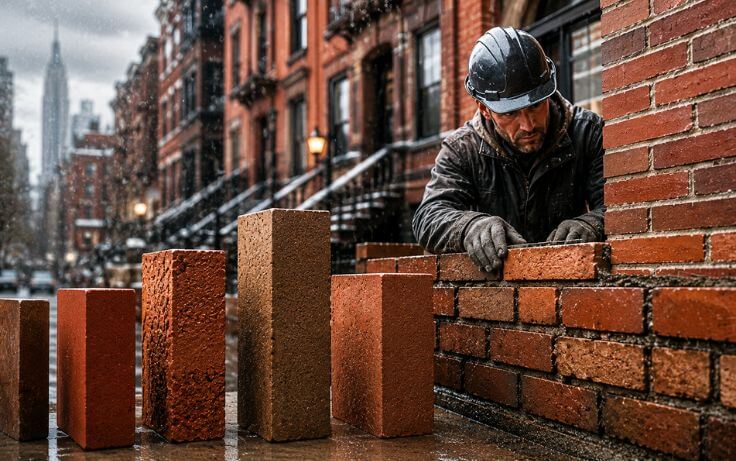 Construction worker inspecting brick wall alignment on a NYC masonry project during winter weather.