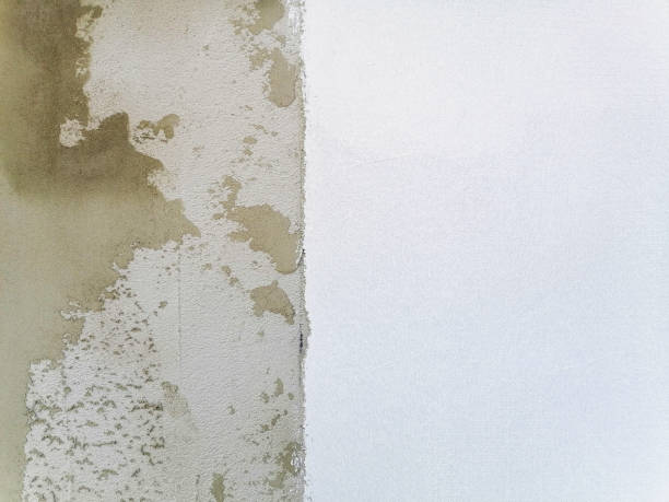 Side-by-side view of damaged stucco wall versus smooth repaired surface