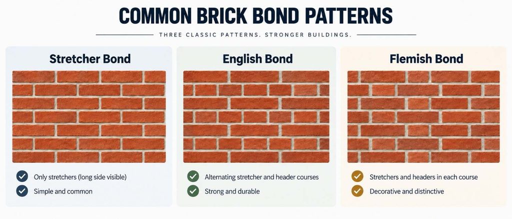 Brick bond patterns showing stretcher, English, and Flemish bonds