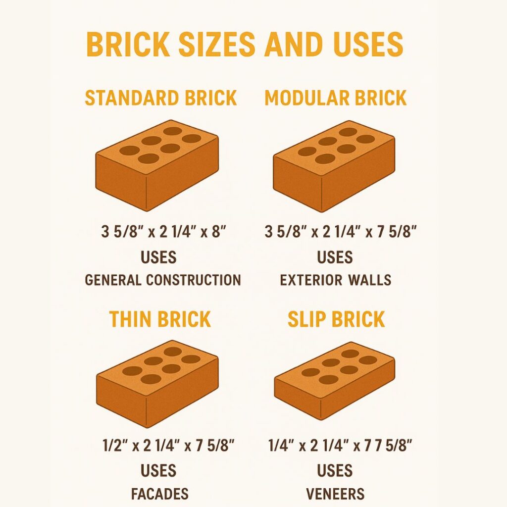 Infographic showing brick sizes and uses: Standard, Modular, Thin, and Slip bricks with dimensions and purposes.