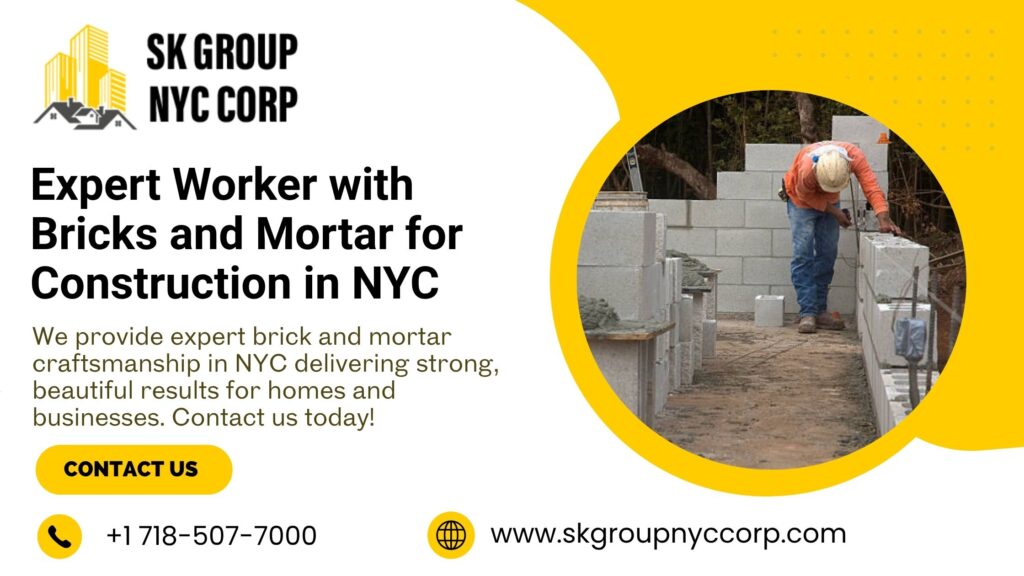 Professional mason in NYC building a wall with bricks and mortar, showcasing expert craftsmanship for homes and businesses.