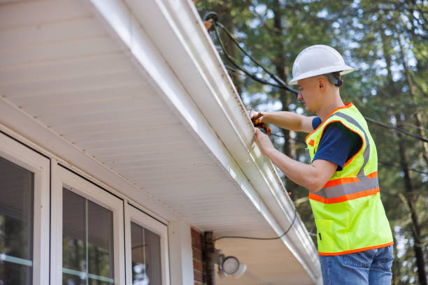 Worker in safety helmet and reflective vest installs gutter guard on house gutter, ensuring clean, functional rainwater flow.