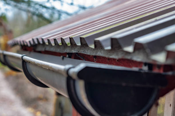 Close-up of a clean metal roof edge with a properly installed gutter guard, protecting the gutter from leaves and debris.