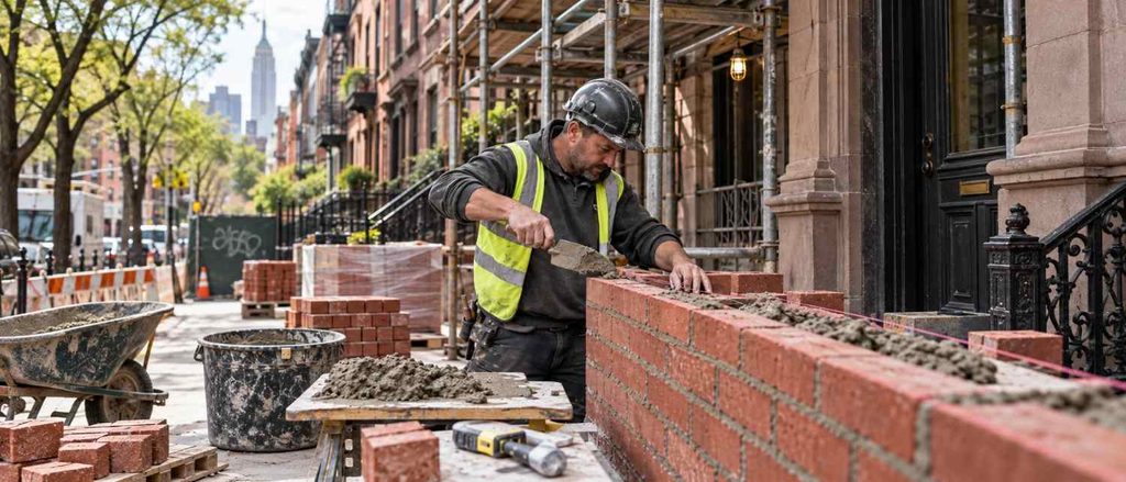 worker with bricks and mortar