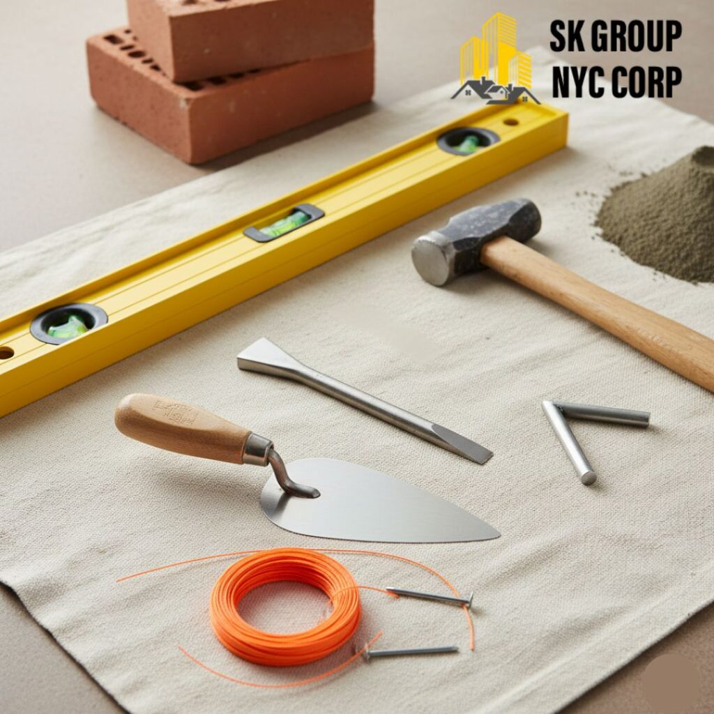 Essential masonry tools for a worker with bricks and mortar, including a trowel, spirit level, and brick hammer.