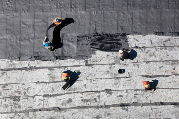 Crew doing TPO roof maintenance by repairing and sealing membrane layers for long-lasting protection on a flat roof.