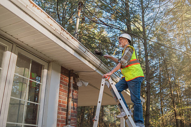 Worker repairing clogged house gutter while standing on a ladder for safe drainage maintenance.