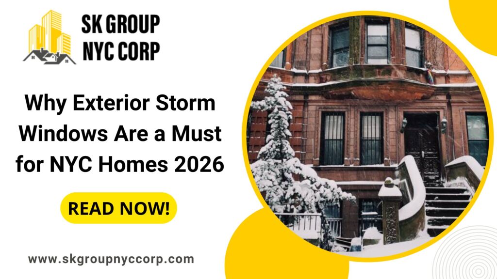 Promotional banner for SK Group NYC Corp featuring a snowy NYC brownstone, emphasizing the need for exterior storm windows in cold weather.