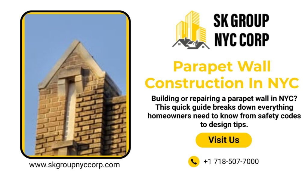 Promotional blog banner for parapet wall construction in NYC, featuring a brick parapet detail and contact info for SK Group NYC Corp.