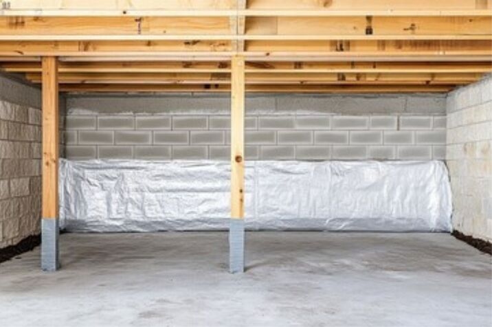 Vapor barrier installed on the wall inside a clean residential crawl space.