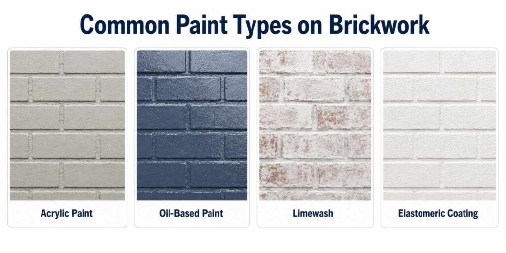 Acrylic paint, oil-based paint, limewash, and elastomeric coating on brickwork