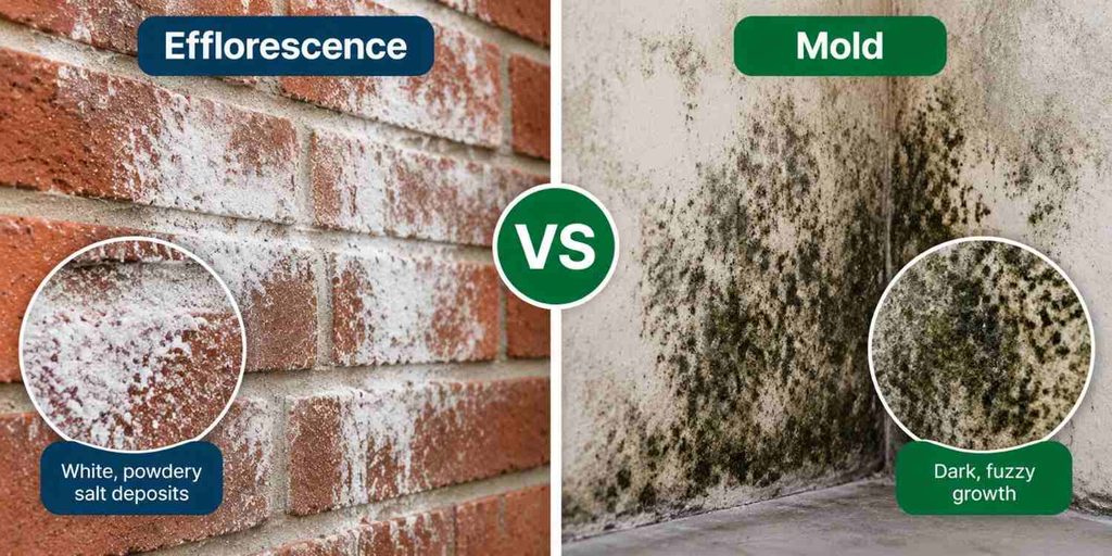 Efflorescence vs mold showing white salt deposits and wall mold growth