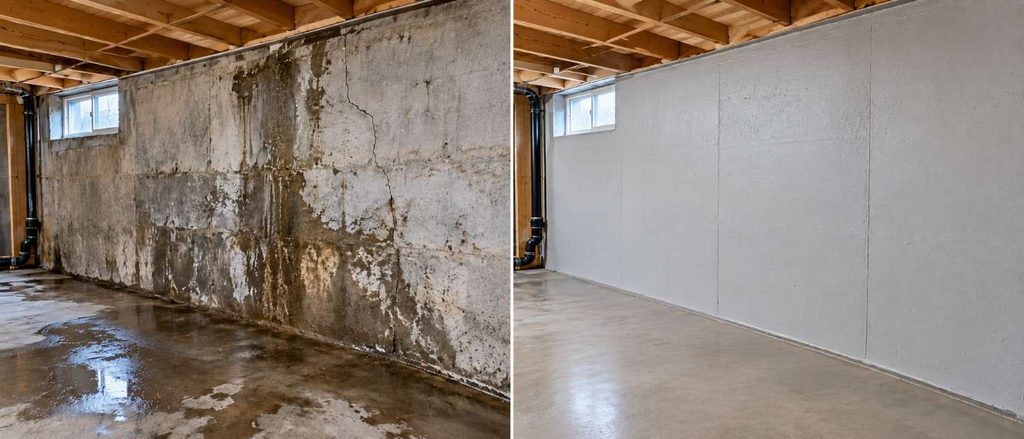 Before and after comparison of basement wall moisture damage and professional waterproofing repair