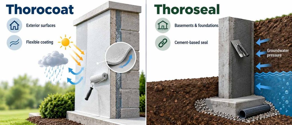 Thorocoat vs Thoroseal waterproofing comparison showing exterior wall coating and foundation waterproofing systems