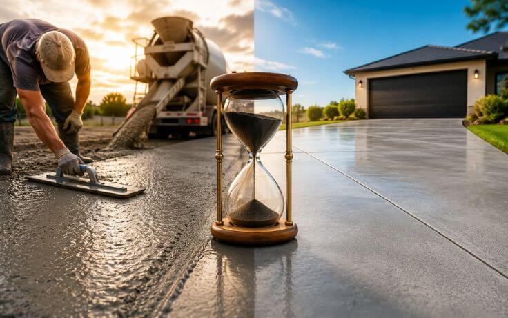 How long does concrete take to cure showing fresh concrete, curing process, and finished driveway