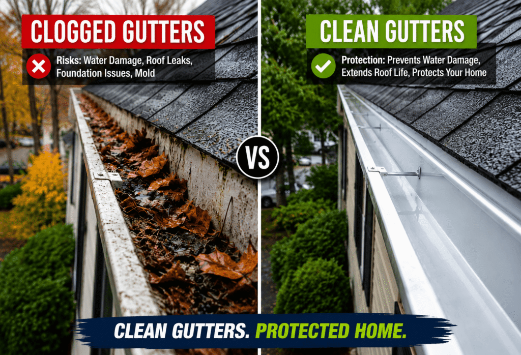 Clogged gutters compared to clean gutters on a residential NYC home.
